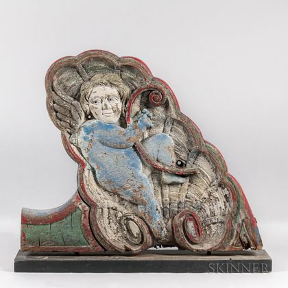 Carved and Polychrome Painted Cupid Circus Bench Side