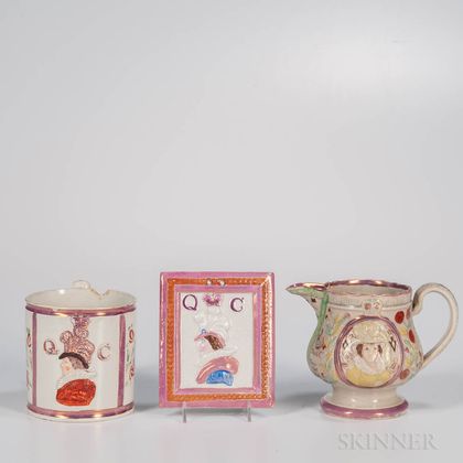 Three Pink Lustre Decorated British Commemorative Items