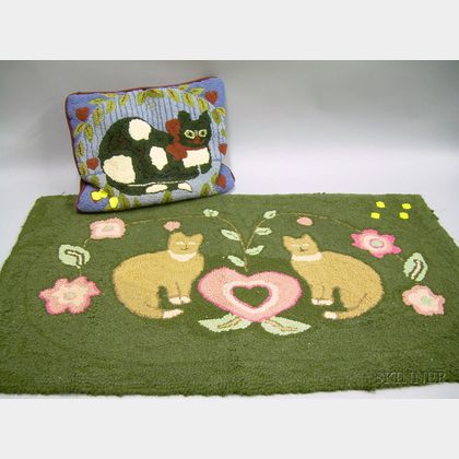 Hooked Cats with Heart and Flowers Pattern Rug and a Hooked Cat Pattern Pillow. 