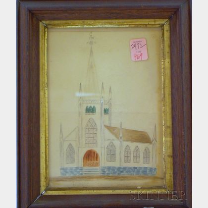 Framed 19th Century Pencil and Watercolor on Paper Depicting the Unitarian Church, Haverhill, Mass.