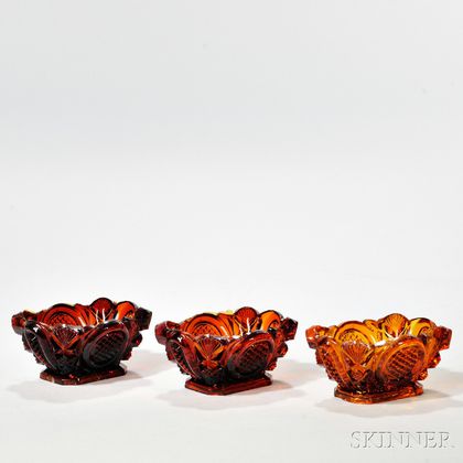 Three Red Amber Pressed Glass Open Salts
