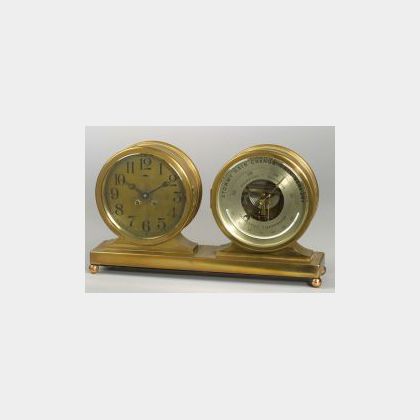 French Ship&#39;s Bell Style Bronze Two Part Clock, Barometer and Thermometer