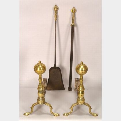 Pair of Brass and Iron Ball-top Andirons with Two Fireplace Tools