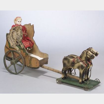 Painted and Stenciled Cat-form Pull Cart and Horse Team with Wax Head Doll, Cart and Horses