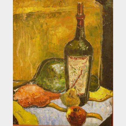 Framed Oil on Board Still Life with Bottles and Pears