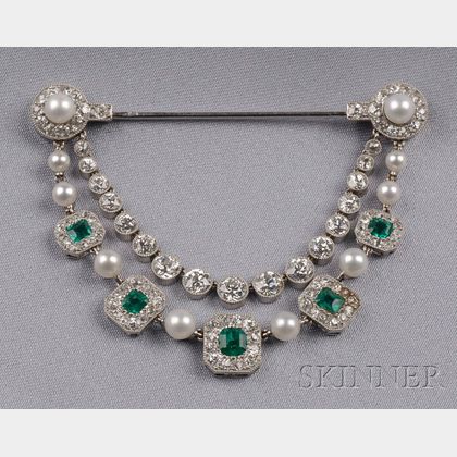 Emerald, Diamond, and Seed Pearl Drapery Brooch, Cartier