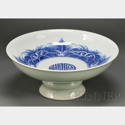 Blue and White and Celadon Stem Bowl