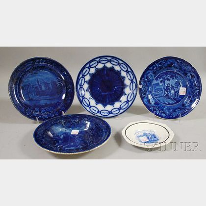Five Flow Blue and Transfer-decorated Plates