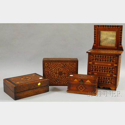 Three Parquetry-decorated Wooden Table Items and a Miniature Bureau with Mirror