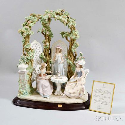 Large Lladro Ceramic Figural Group "Tea Time in the Garden,"