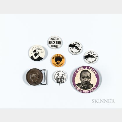 Seven Civil Rights Era Pinback Buttons and a Black Power Buckle