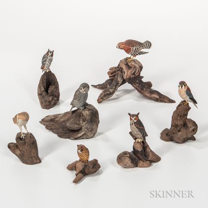 Seven Miniature Carved and Painted Raptor Figures