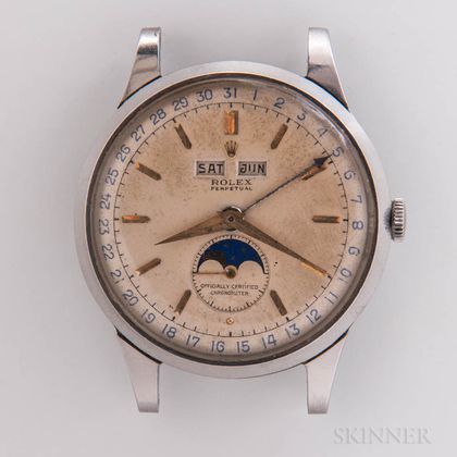 Rare Rolex Stainless Steel Reference 8171 "Padellone" Triple Calendar Wristwatch