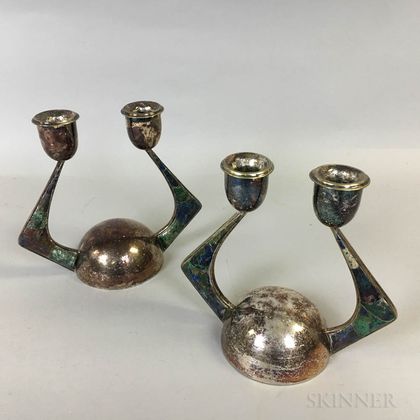 Los Castillo Silver Plate and Stone Inlaid Candlesticks