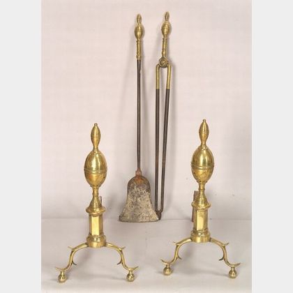 Pair of Brass and Iron Double Lemon-top Andirons with Two Fireplace Tools