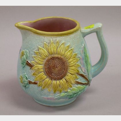 English Majolica Sunflower and Lily Pattern Jug. 