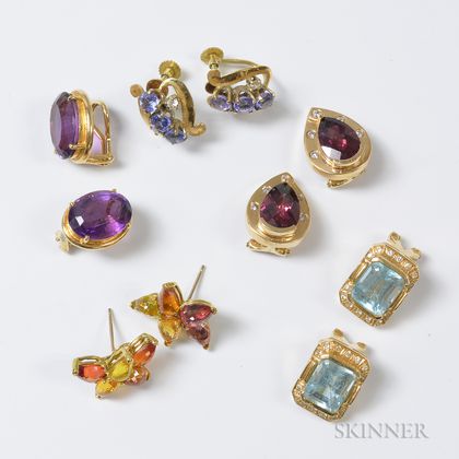 Five Pairs of 14kt Gold Gem-set Earrings