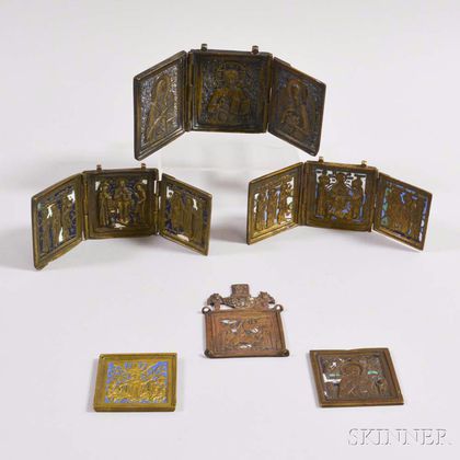 Three Small Enameled Brass Icons and Three Triptych Icons