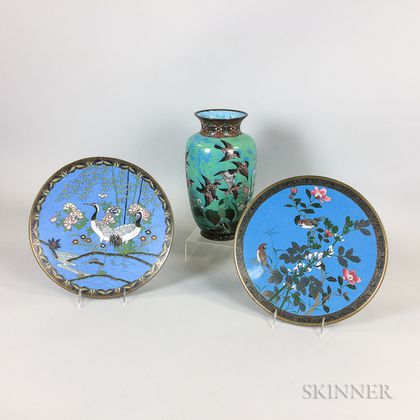 Two Chinese Cloisonne Plates and a Vase