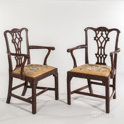 Pair of Georgian-style Carved Mahogany Armchairs