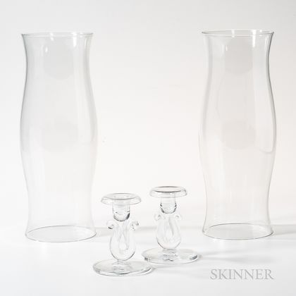 Pair of Blown Glass Hurricane Globes and a Pair of Steuben Candlesticks