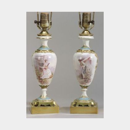 Pair of Sevres-style Painted Porcelain Lamp Bases