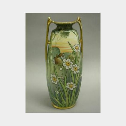 Nippon Handpainted Landscape and Floral Decorated Porcelain Vase. 