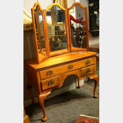 Queen Anne Style Carved Tiger Maple Dressing Table and Mirror. 