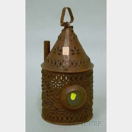 Red-painted Pierced Tin and Glass Lantern
