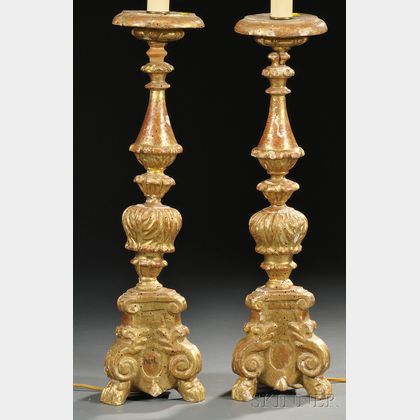 Pair of Baroque Carved Giltwood Candlesticks