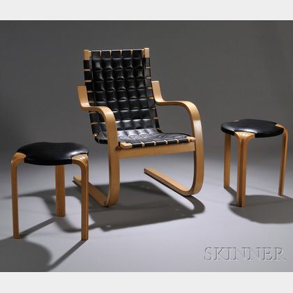 Alvar Aalto Black-leather Upholstered Blonde Bentwood Armchair and a Pair of Black Leather Upholstered Blondewood Fan-leg Stools. 