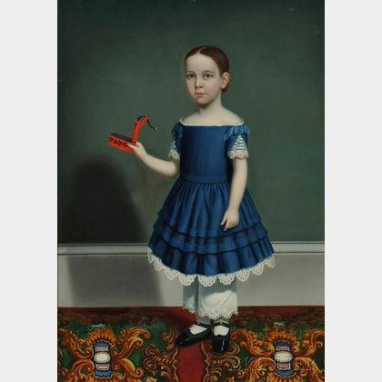 Attributed to William Thompson Bartoll (Marblehead, Massachusetts, 1817-1859) Portrait of a Child Wearing a Blue Dress, Holding a Tinwa