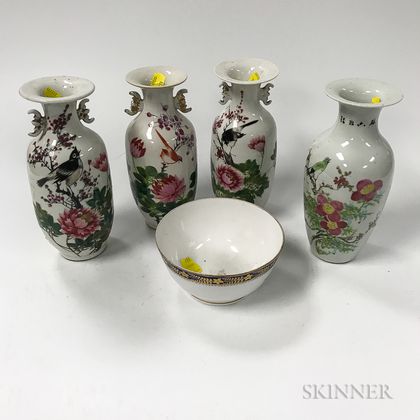 Four Enameled Vases and a Bowl