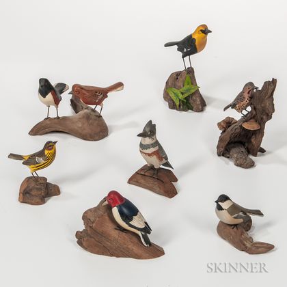Eight Miniature Carved and Painted Bird Figures