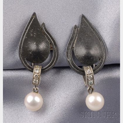 Cultured Pearl and Diamond Earpendants, Attributed to GT Marsh