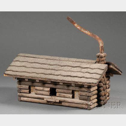 Painted Wood and Sheet Iron Log Cabin Weather Vane
