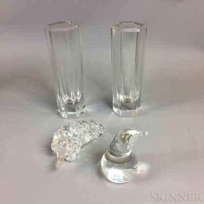 Two Steuben Colorless Glass Fruit and a Pair of Kosta Vases