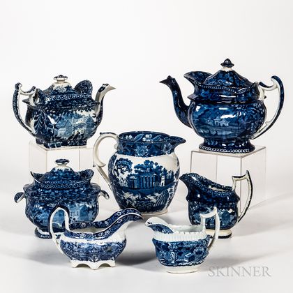 Seven Staffordshire Historical Blue Transfer-decorated Table Items