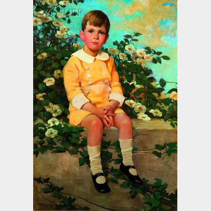 Jessie Willcox Smith (American, 1863-1935) A Young Boy Sitting on a Garden Wall