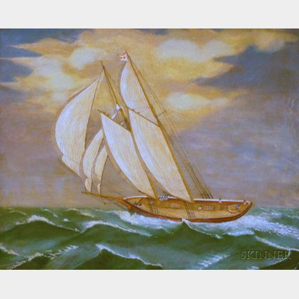 Framed Oil on Canvas Fully-Rigged Ship Under Sail