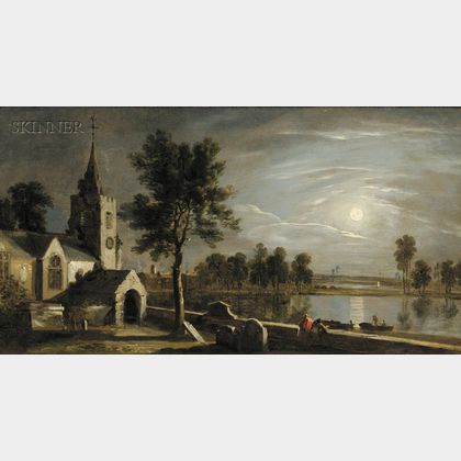 Attributed to William Groombridge (British, 1748-1811) In the Churchyard by the River under the Light of the Moon