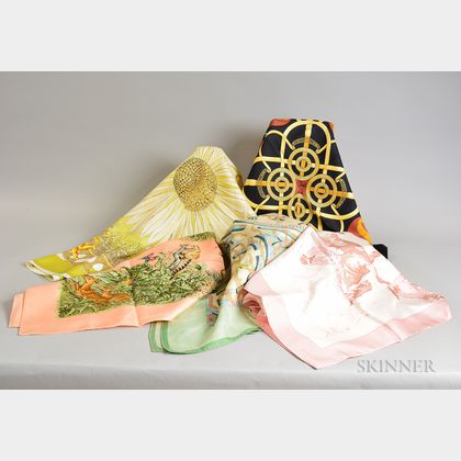 Five Hermes Silk Scarves. Estimate $200-300