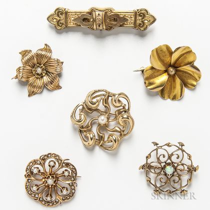 Six Antique Gold Brooches