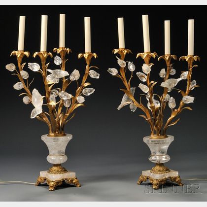 Pair of Gilt-metal and Crystal Four-arm Candelabra