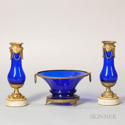 Two Gilt-bronze-mounted Cobalt Glass Vases and a Center Bowl