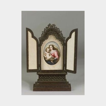German Painted Madonna and Child Porcelain Plaque Mounted in a Gothic Revival Carved Wood Shrine. 