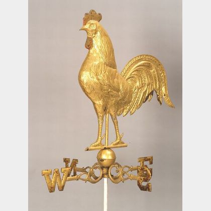 Molded Gilt Copper Rooster Weather Vane with Directionals