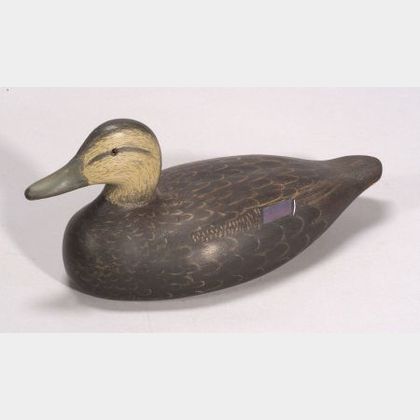 Carved and Painted Wooden Black Duck Decoy
