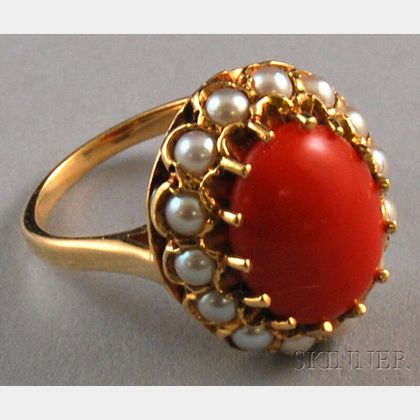14kt Gold, Coral, and Pearl Ring