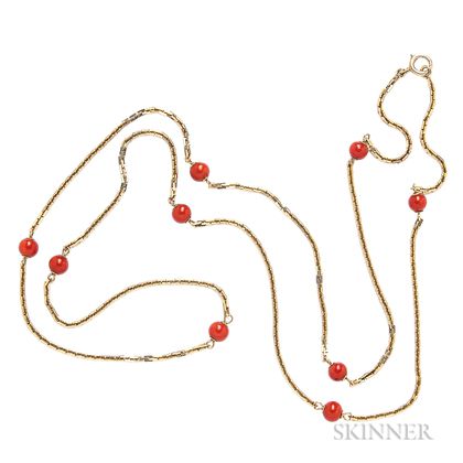 14kt Gold and Coral Bead Longchain